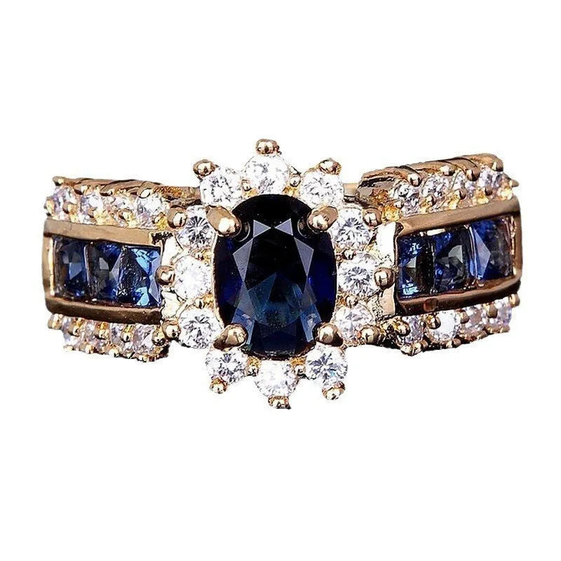 Personalised zinc alloy ring with cubic zirconia stones in sunflower blue, square blue, or square purple designs