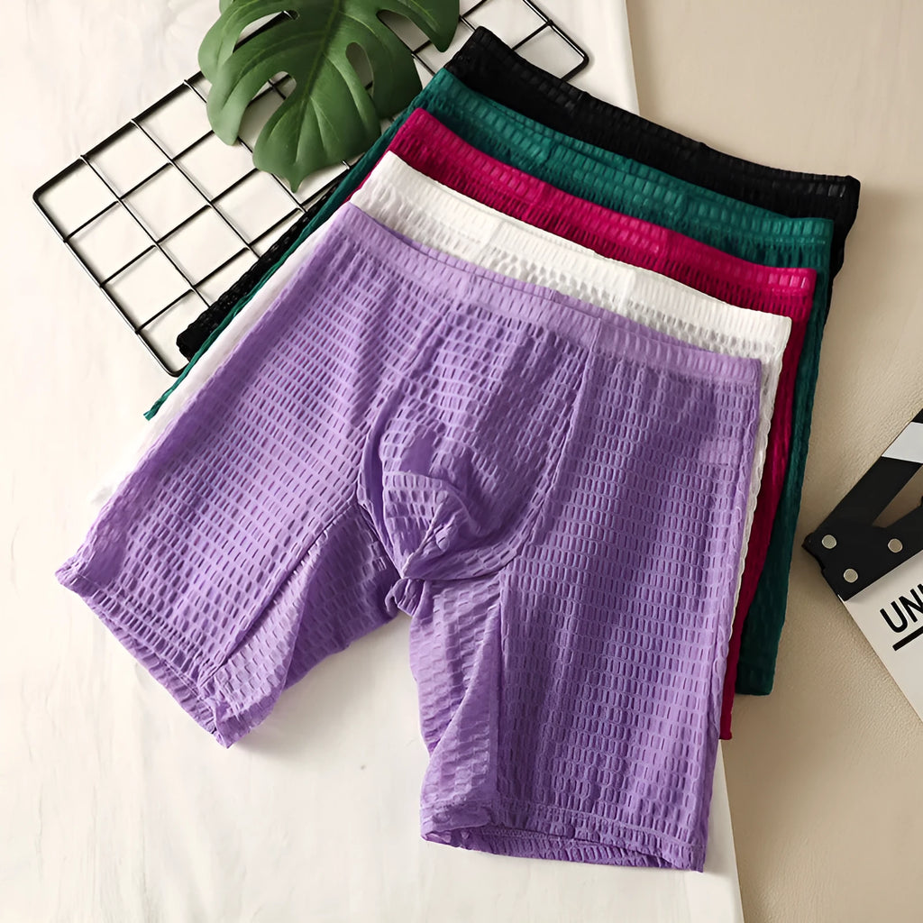 Men's solid colour lace boxer shorts with hip lifting shaping design