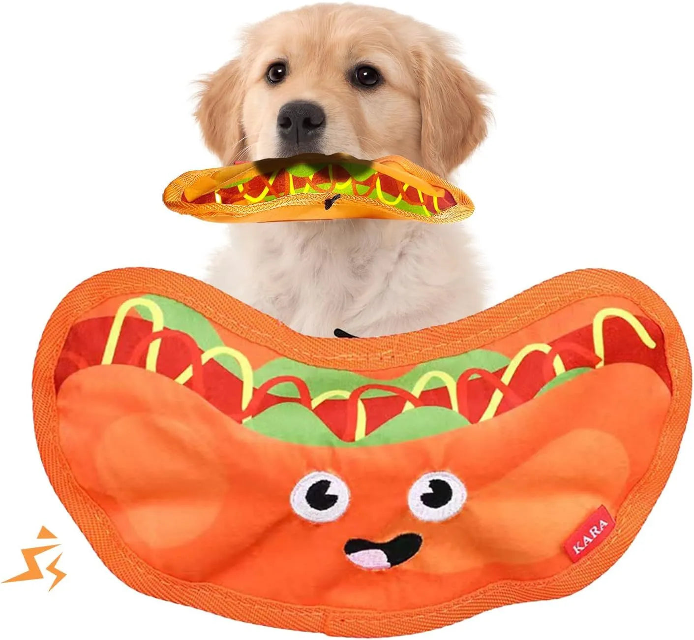 Colourful food-shaped dog toys including a burger, fries, hot dog, and pizza on a white background.