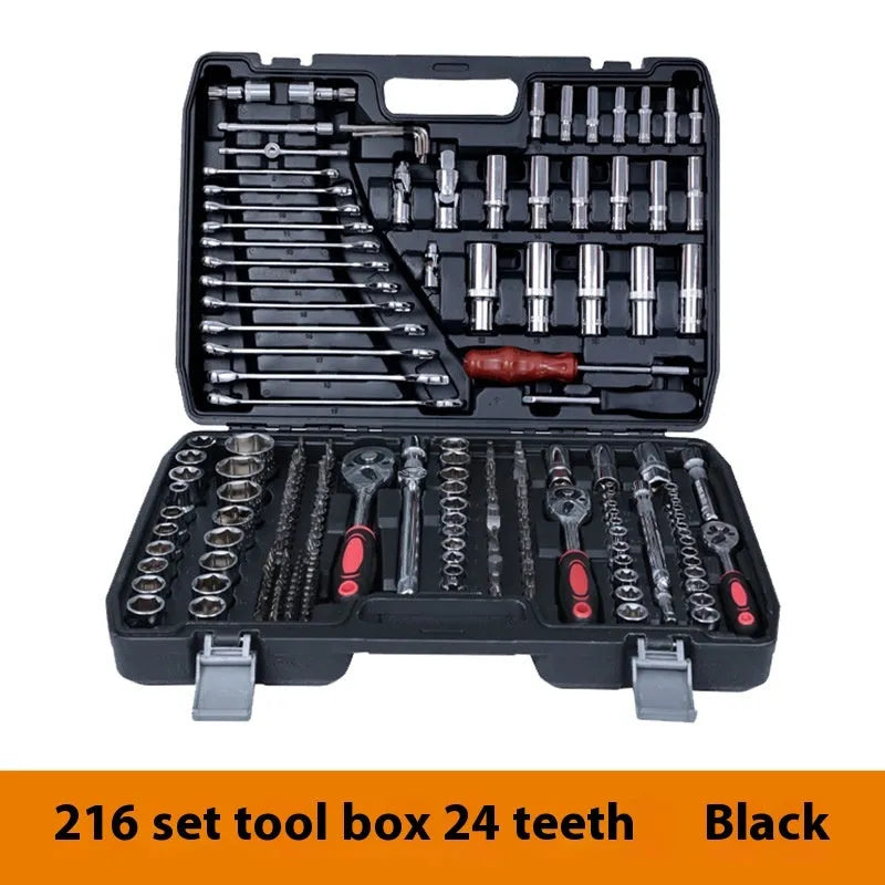 216-piece alloy steel socket wrench set in storage box with 72-tooth ratchet for car and machinery repair