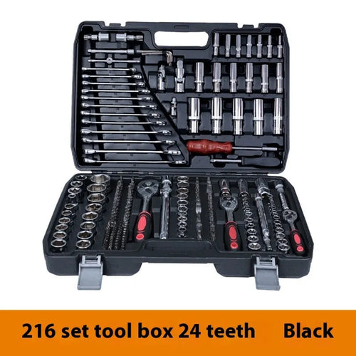 216-piece alloy steel socket wrench set in storage box with 72-tooth ratchet for car and machinery repair