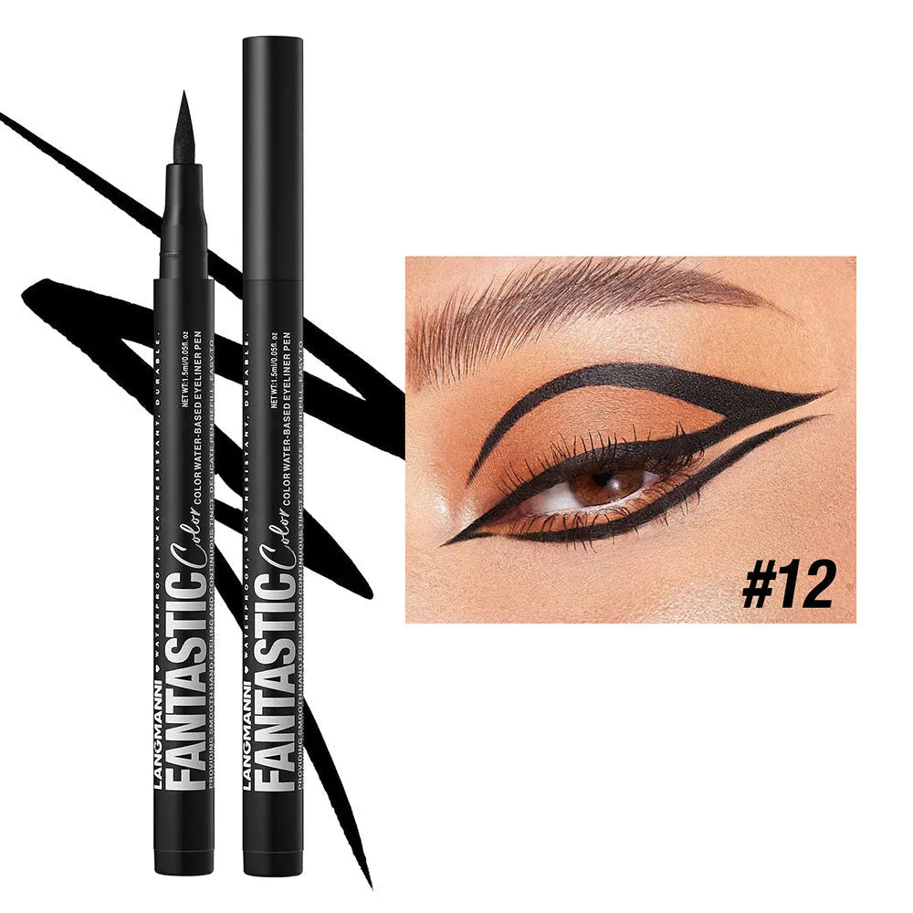 Matte anti-smudge liquid eyeliner in twelve colours including white, gold, purple, brown, blue, and iron grey