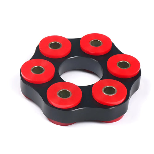 Red polyurethane and aluminium drive shaft centre support bracket for BMW E46, E36, E30, and E28 models.