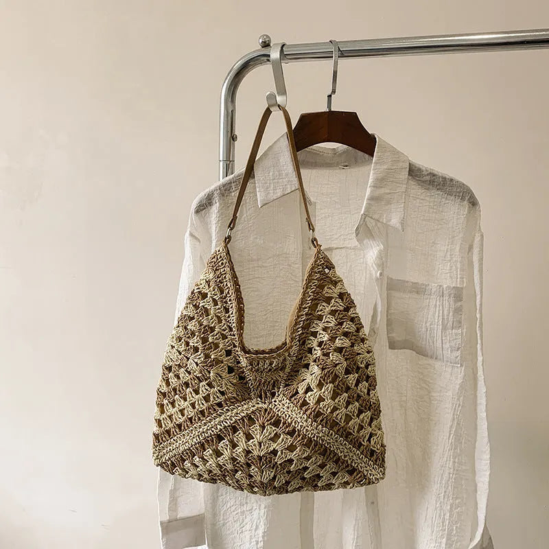 Handmade straw woven hollow contrast colour weave women's shoulder bag with polyester lining in khaki beige