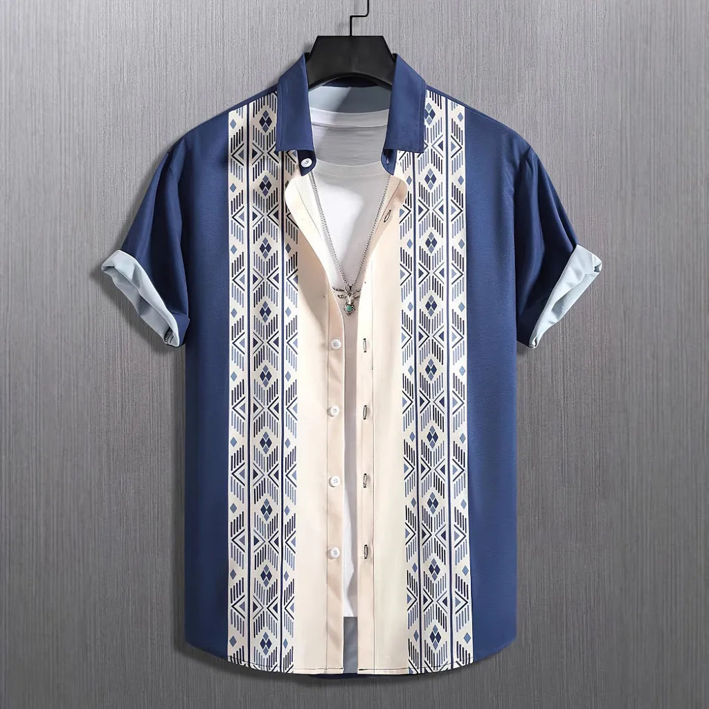 Men's loose fit short sleeve shirt with contrast lapel in plaid polyester fabric