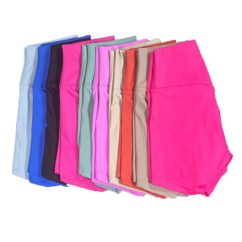Women's high waist yoga shorts in nylon fabric for running and sports, shown in a selection of colours.