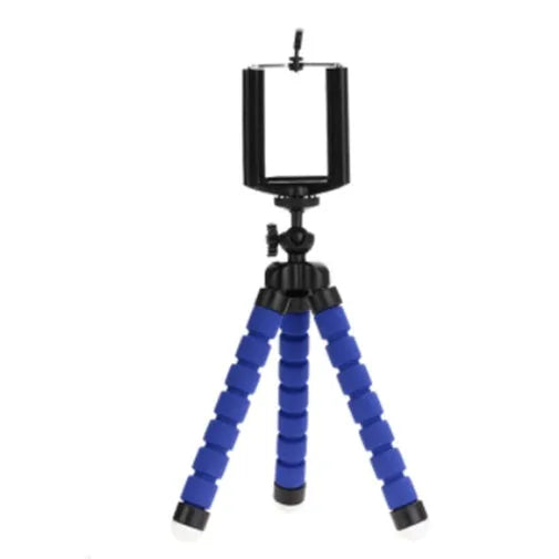 Black flexible octopus tripod with wrapped legs holding a smartphone next to a camera.