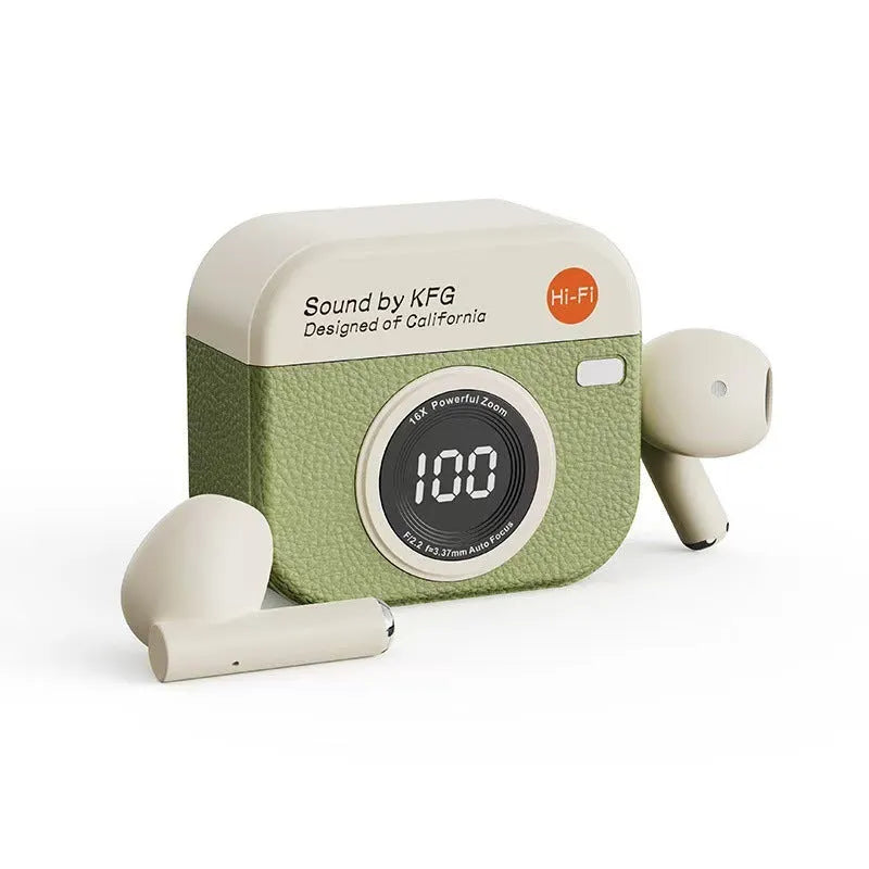 Retro Camera Q86 wireless Bluetooth headset in in-ear design, available in brown green and white colours