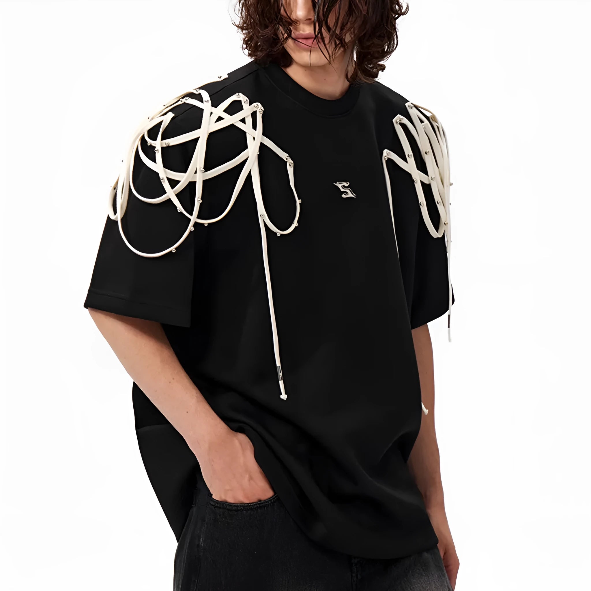 Black loose fit women's T-shirt with padded shoulders featuring rivet ribbon detail