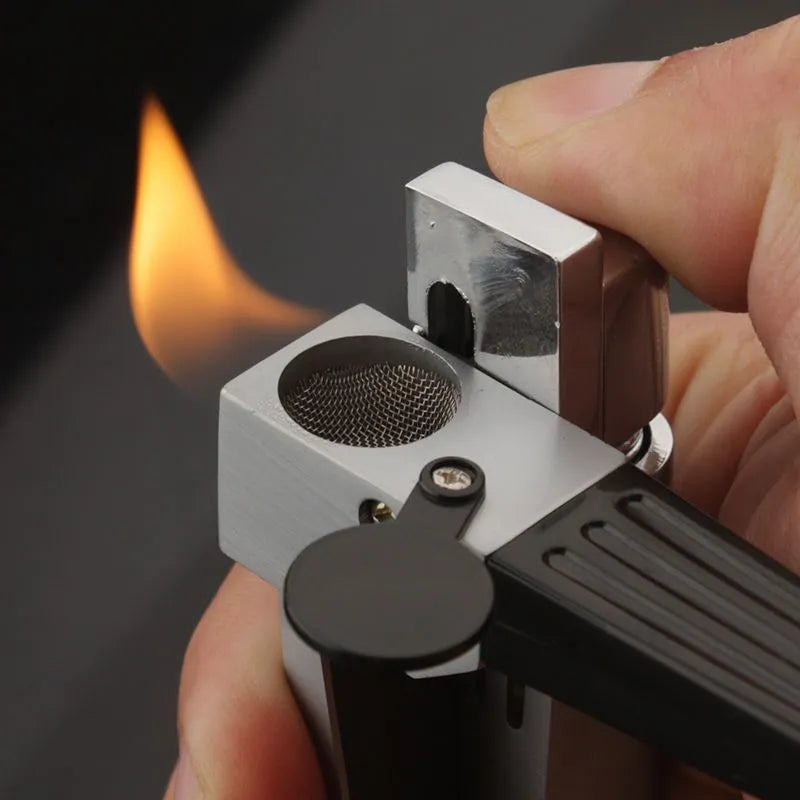Silver foldable metal pipe lighter showing open stash compartment and ignition mechanism