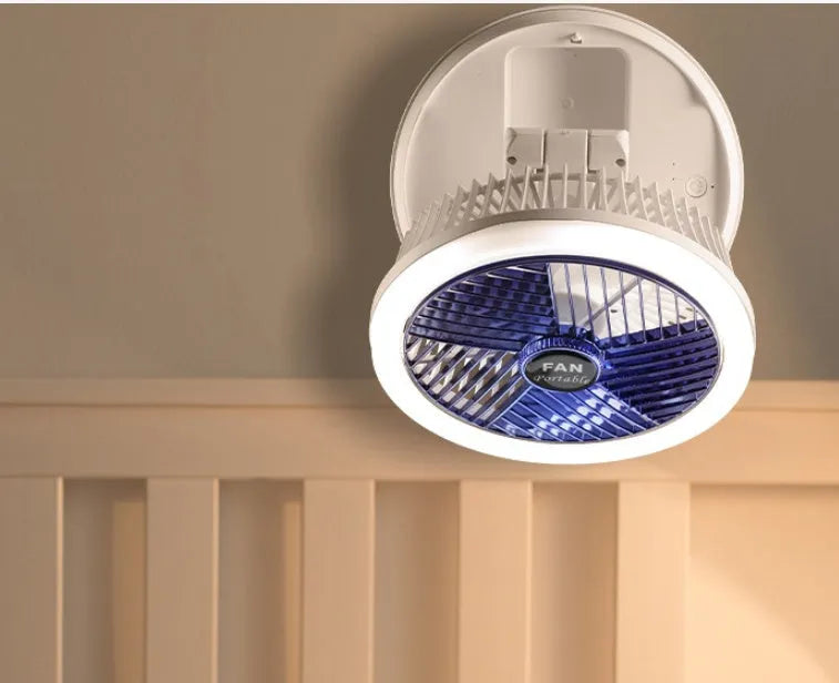 Blue foldable USB table fan with LED light showing wall mounting and desk placement options