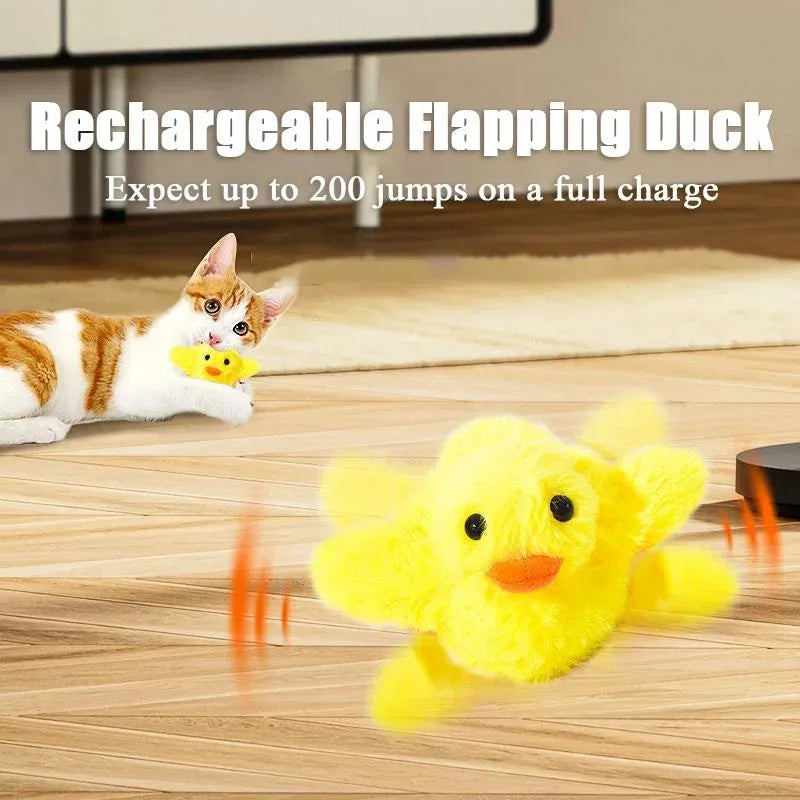 Yellow chick-shaped flapping duck cat toy with USB charging cable