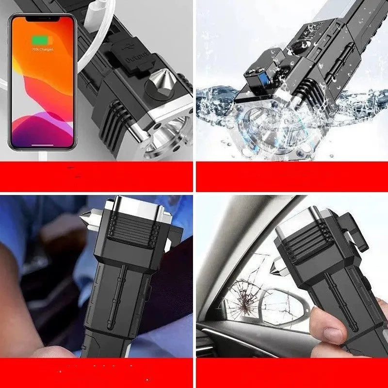 Silver plastic LED flashlight with power bank functionality and IP44 splash protection rating