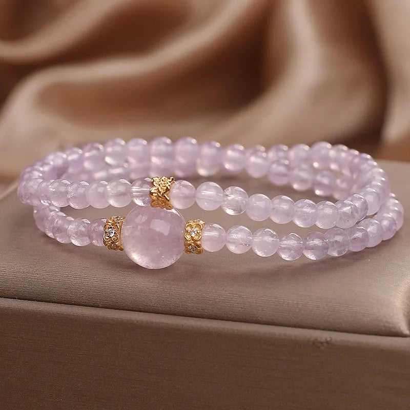 Natural amethyst double ring bracelet in light purple with crystal base, women's style