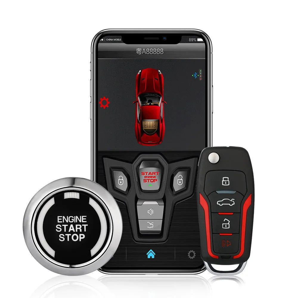 Red and black one-way car alarm remote control unit with two key fobs.
