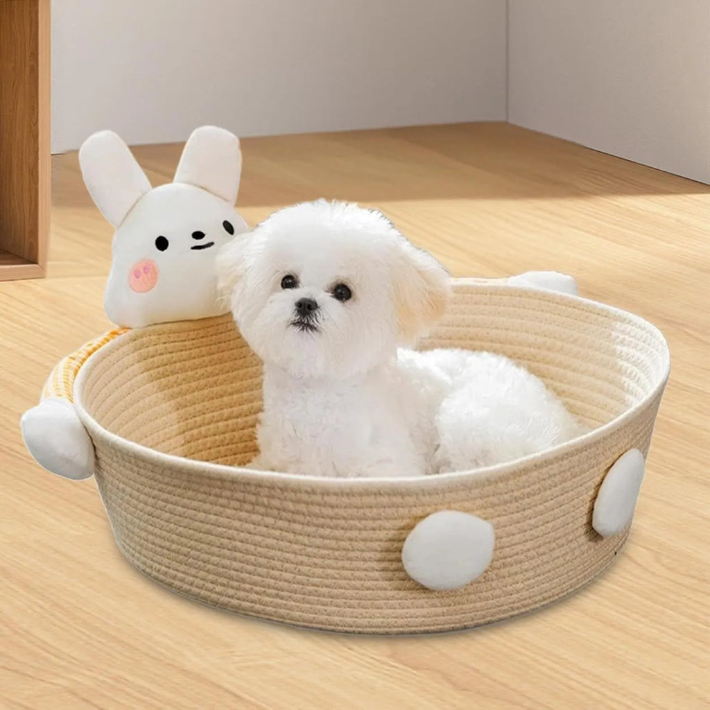 Woven cotton rope cat bed basket with integrated scratch pad, shown in three sizes.