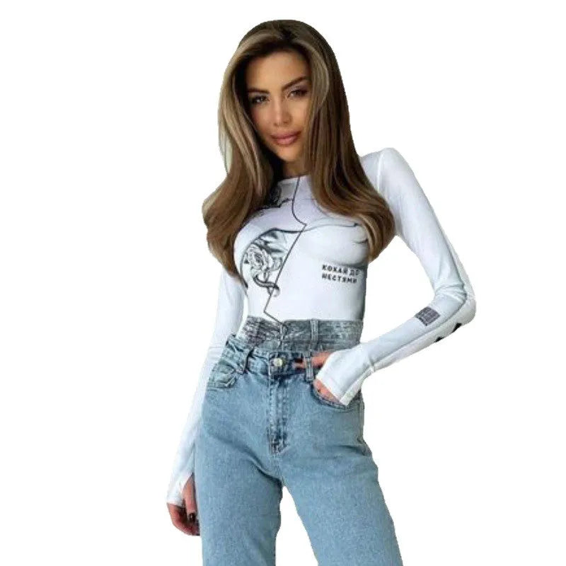 White slim fit polyester bodysuit with round neck, long sleeves, and fashion print on model