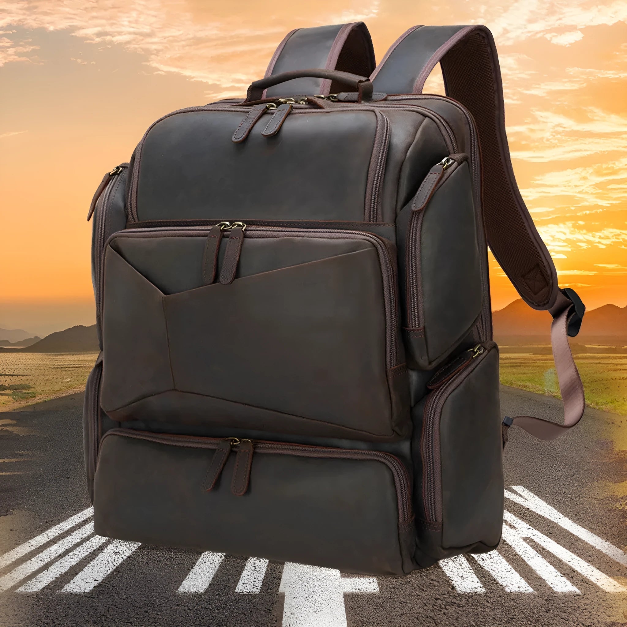 Dark brown Retro Crazy Horse leather backpack for men with a 17-inch laptop compartment open.