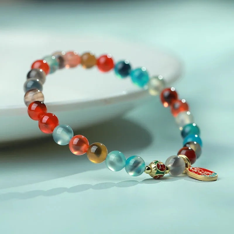 Women's agate and coloured glaze copper coin snake bracelet in geometric style with manual craftsmanship