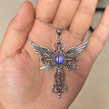 Geometric devil wings and cross alloy pendant necklace on a chain, shown in blue, green, purple, red, and yellow colour options.