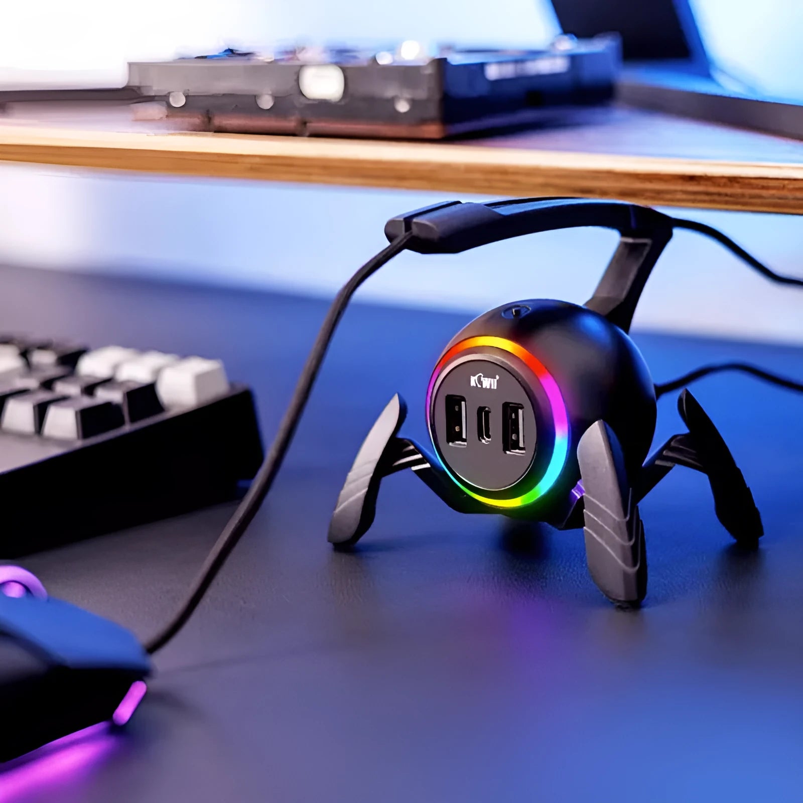 Mouse line wire holder bracket multifunctional cord manager with USB and TYPE-C ports on a desk.