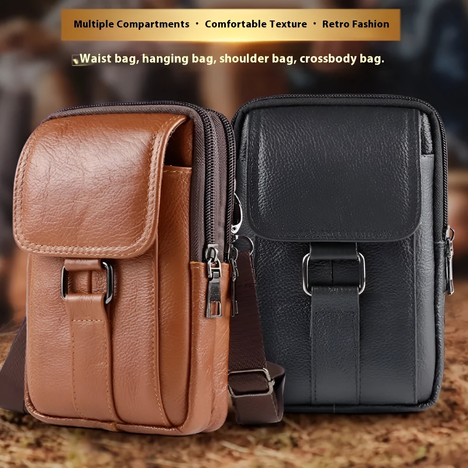 Men's black genuine leather crossbody waist bag with a lock closure, shown in a vertical square shape.