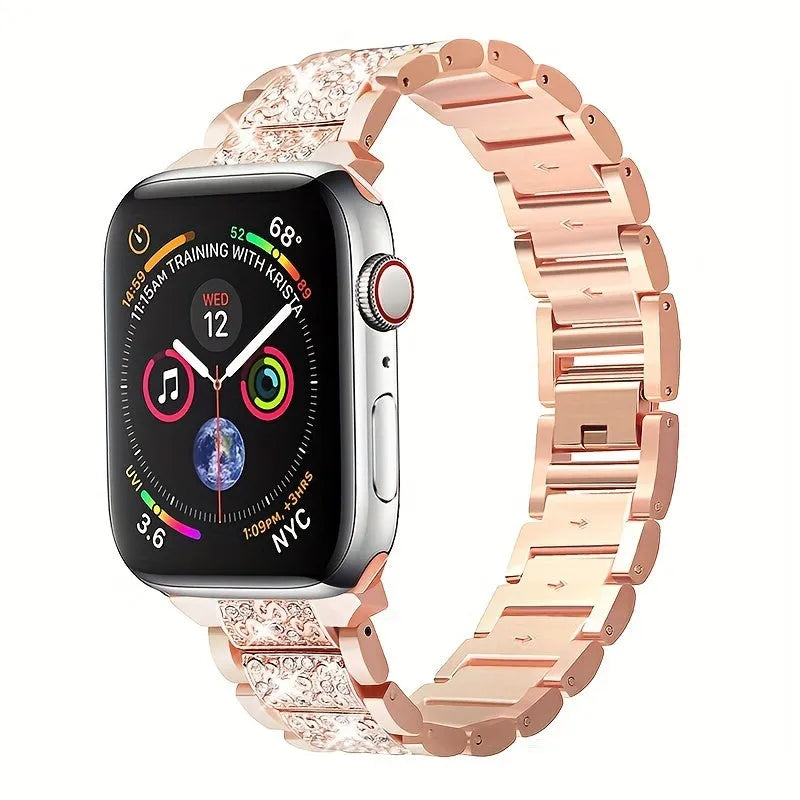 Metal diamond-encrusted watch band in rose gold colour, adjustable bracelet style for women
