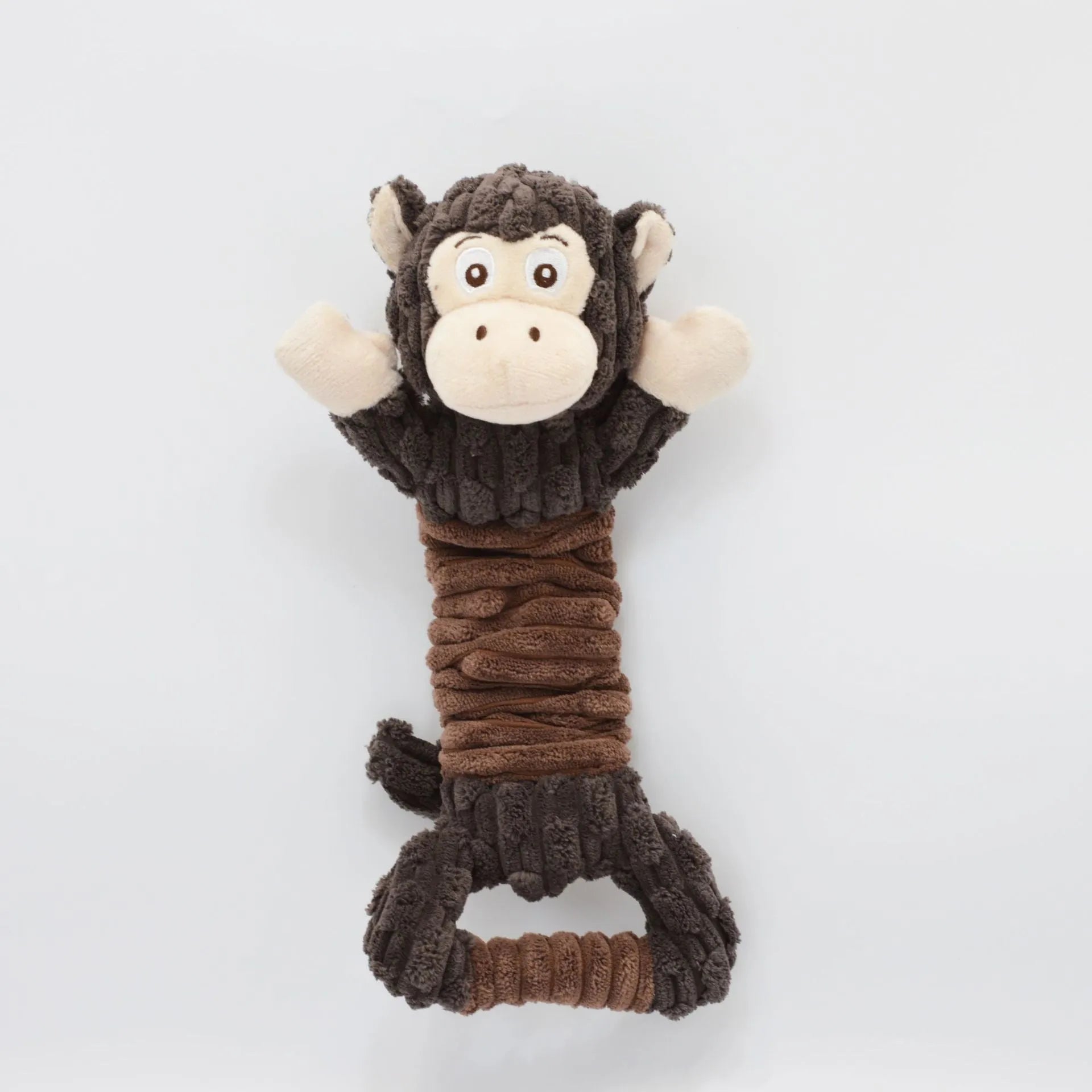 Large plush dog toy with handle, showing Hippo or Monkey design, for squeaky and crinkle interactive play