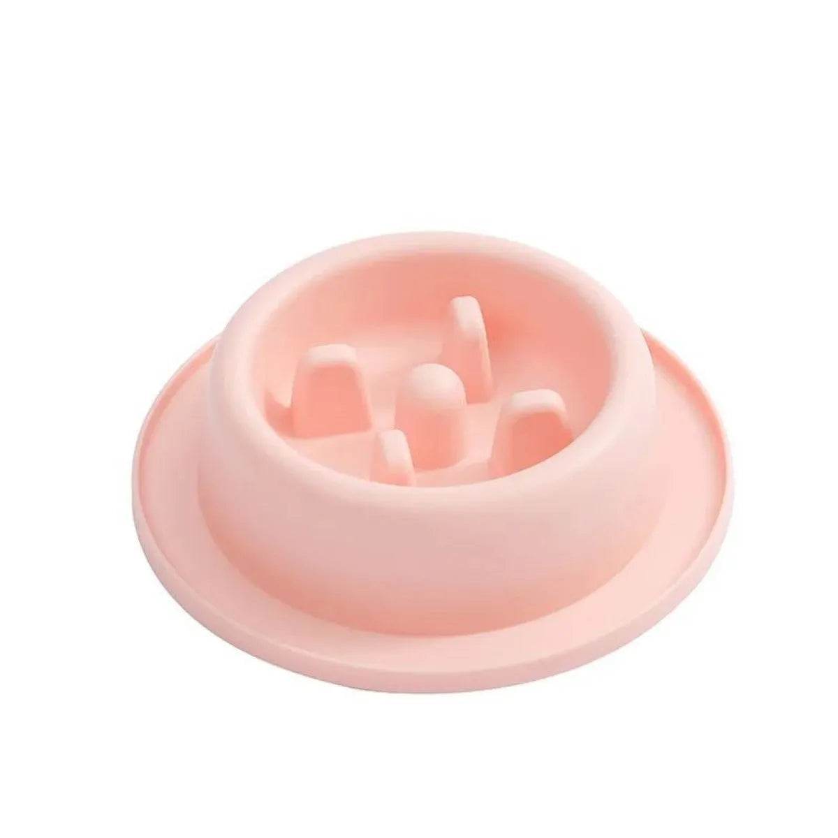 Pet slow eating feeder bowl in blue PP plastic with raised internal sections and non-slip base