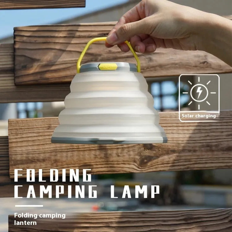 White portable camping lamp with single-button control for outdoor lighting