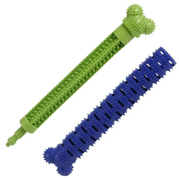 Blue and green silicone dog dental chew toy with brush-head texture and nodule design for cleaning teeth.