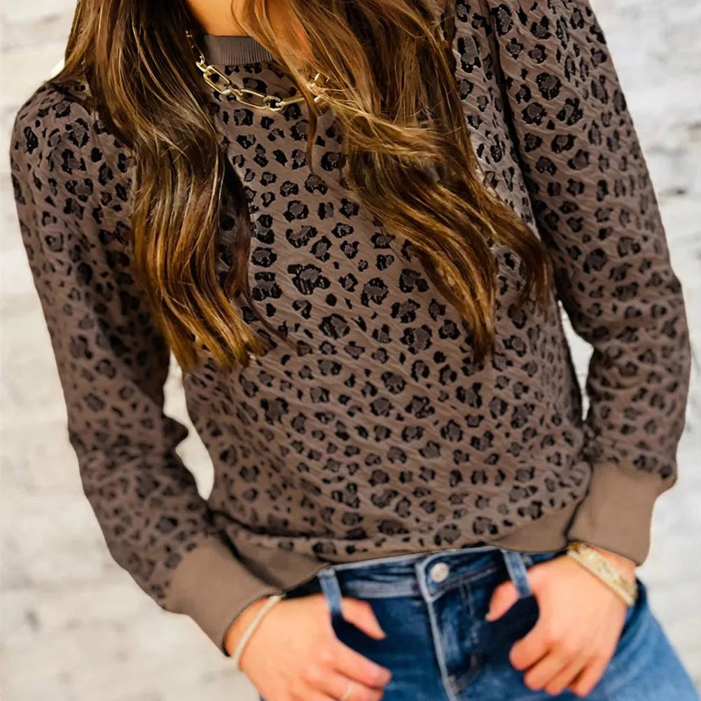 Women's leopard print slim fit pullover top, gray and khaki colour options