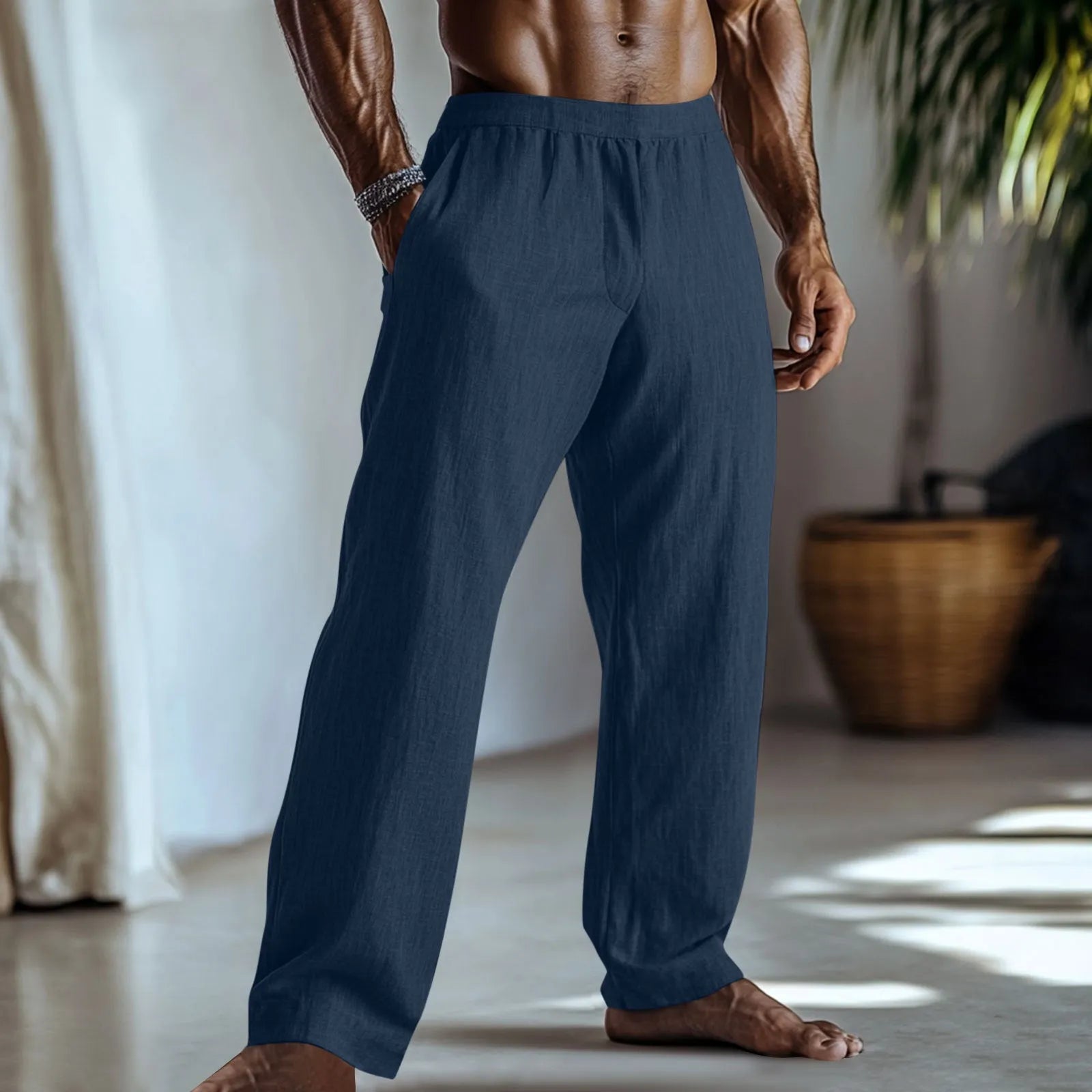 Cotton and linen straight leg casual trousers in British style with pocket details