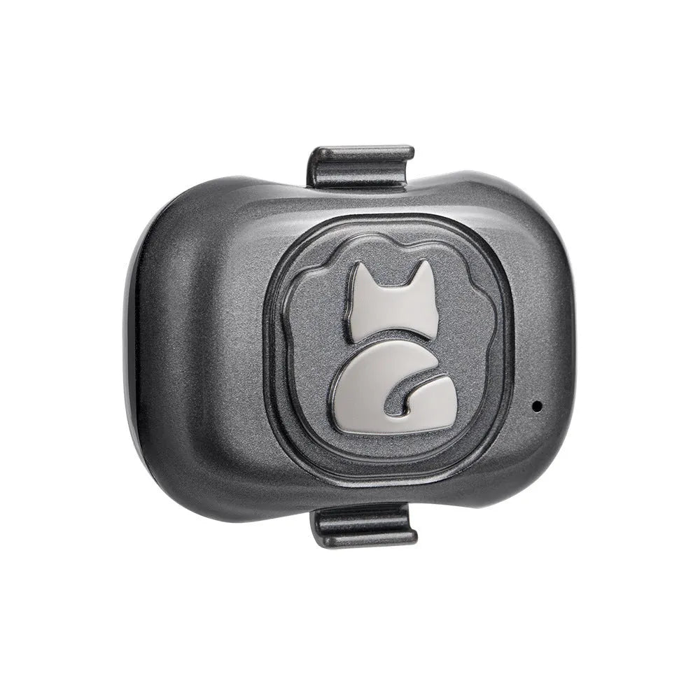 Black GPS pet tracker unit with hanging rope for attachment to a dog or cat collar.