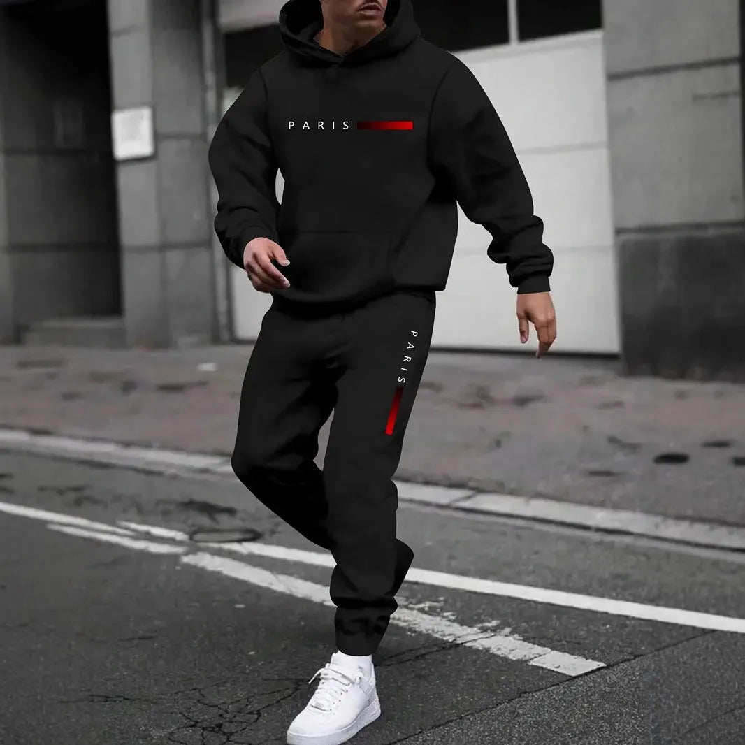 Men's printed hooded autumn tracksuit set with matching trousers in polyester fibre