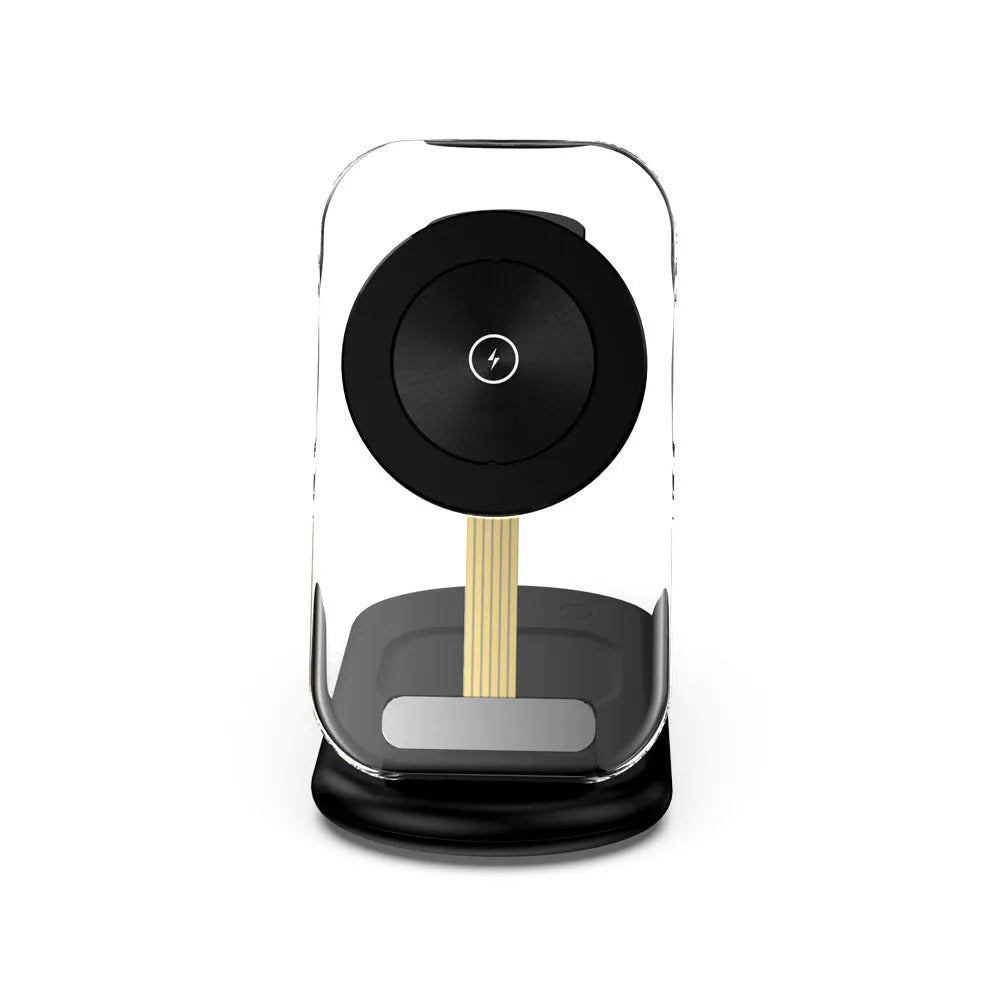 Transparent folding magnetic wireless charger showing internal components, charging an iPhone and AirPods case on a desk.