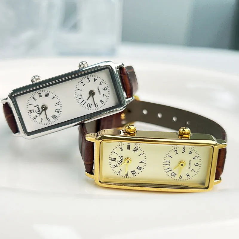 Women's double time zone quartz watch with retro rectangular case, double inserts, and 8.6mm thickness in silver or gold