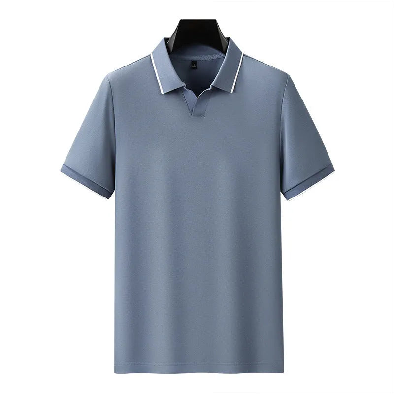 Men's solid colour short sleeve polo shirt in mercerised cotton blend fabric on a hanger