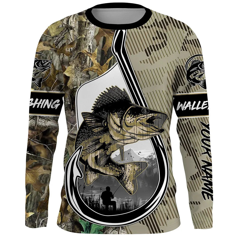 Men's grey pullover top with fish print design on front, round neck and long sleeves