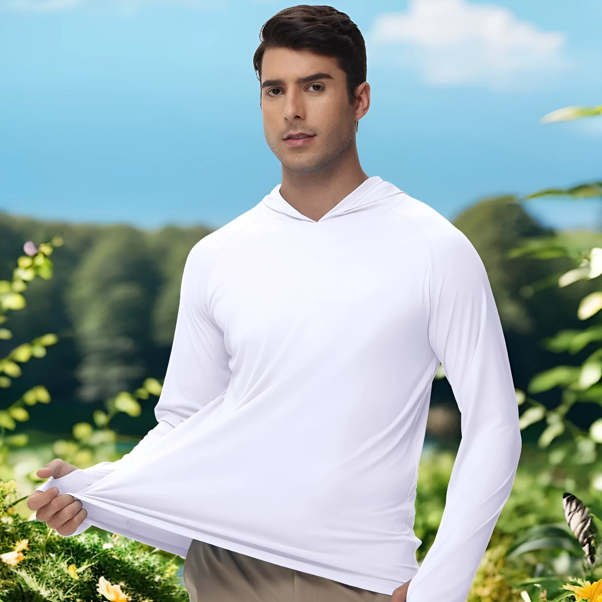 Long sleeve hooded fishing top in solid colour for outdoor UV protection.