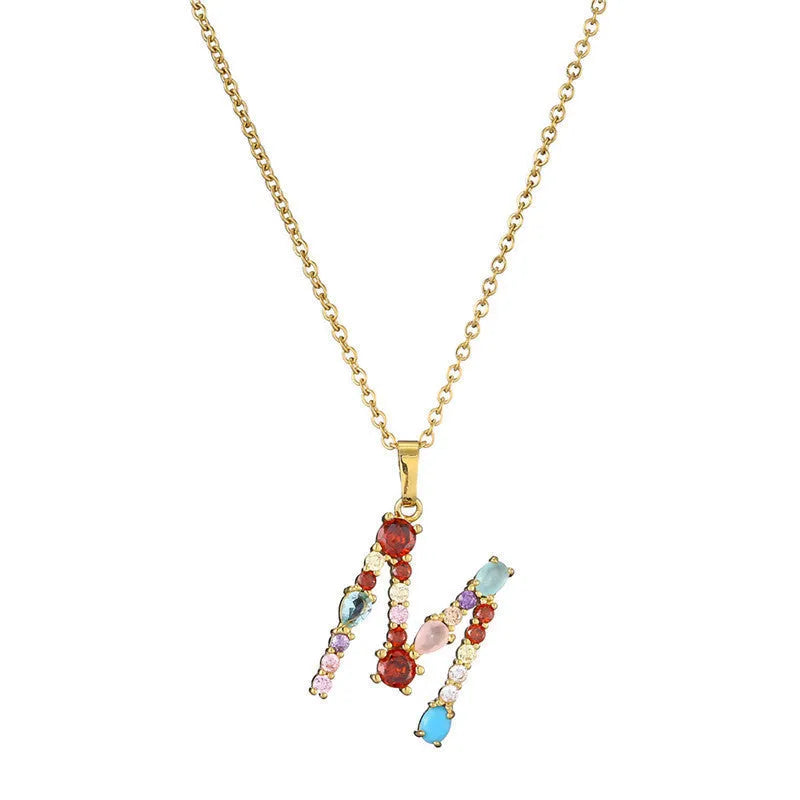 Copper micro-set zirconium English letter initial pendant with matching chain, light luxury style