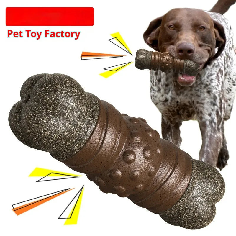 Wood colour plastic dog dental chew toy with textured molar rod for teeth cleaning.