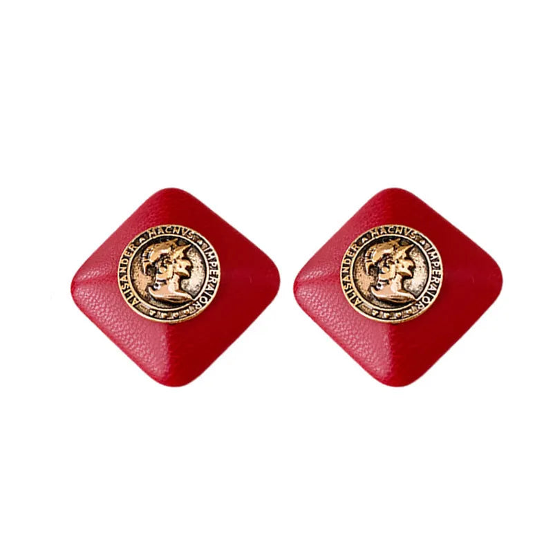 Red diamond-shaped faux leather portrait earrings with silver needle and electroplated alloy, geometric quadrilateral design for women