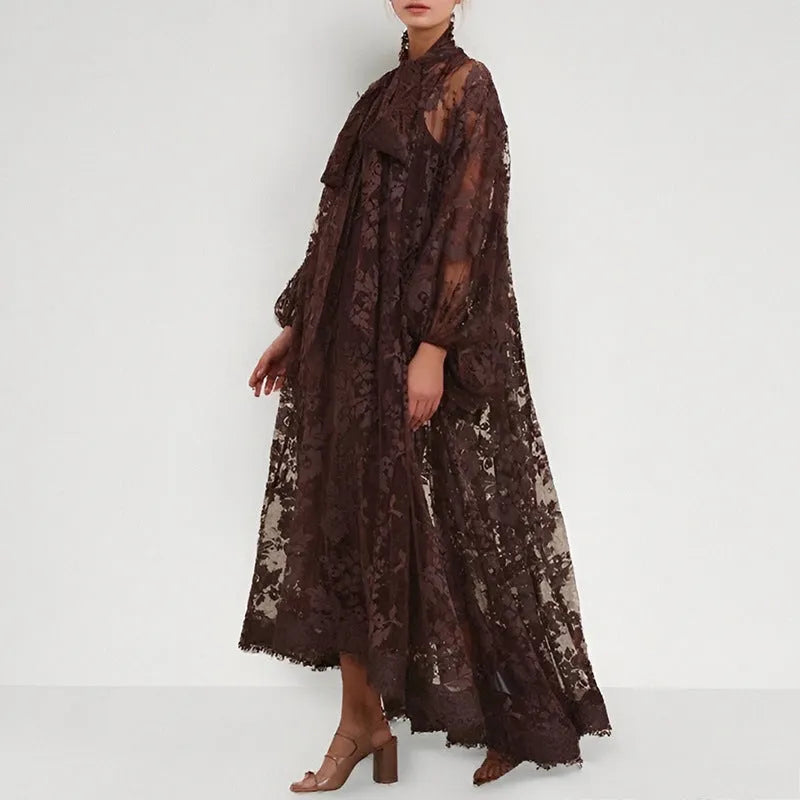 Hollow jacquard lace see-through ribbon A-line long dress with lantern sleeves, polyester, brown apricot purple