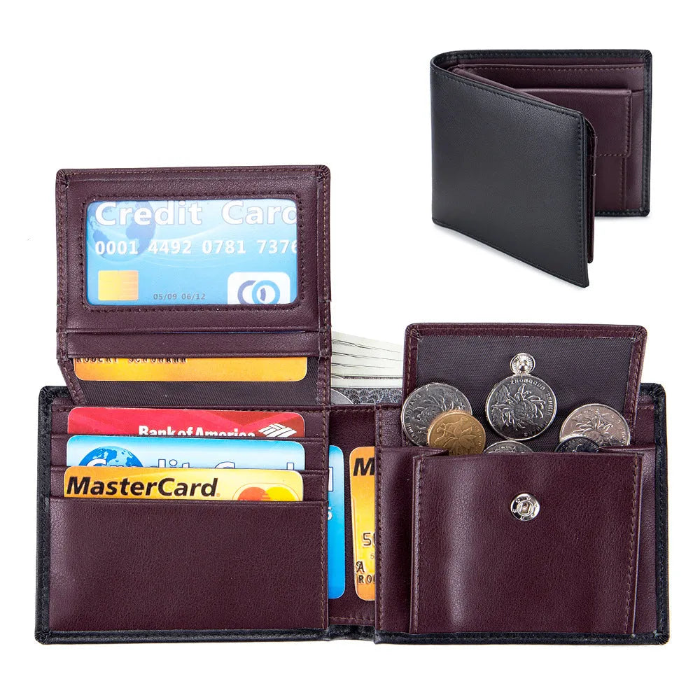 Soft cowhide trifold wallet for men in black with European and American retro print genuine leather