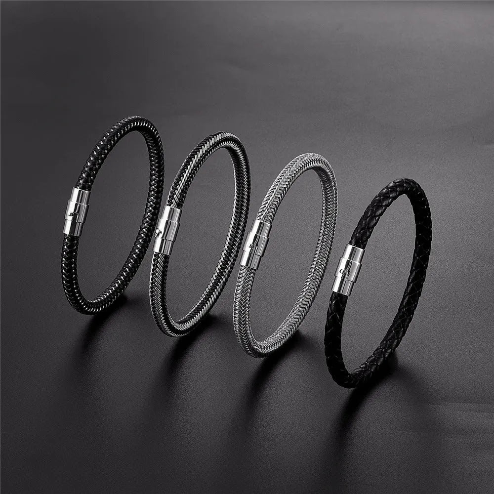 Geometric titanium steel wire bracelet with a magnetic clasp closure on a wrist.