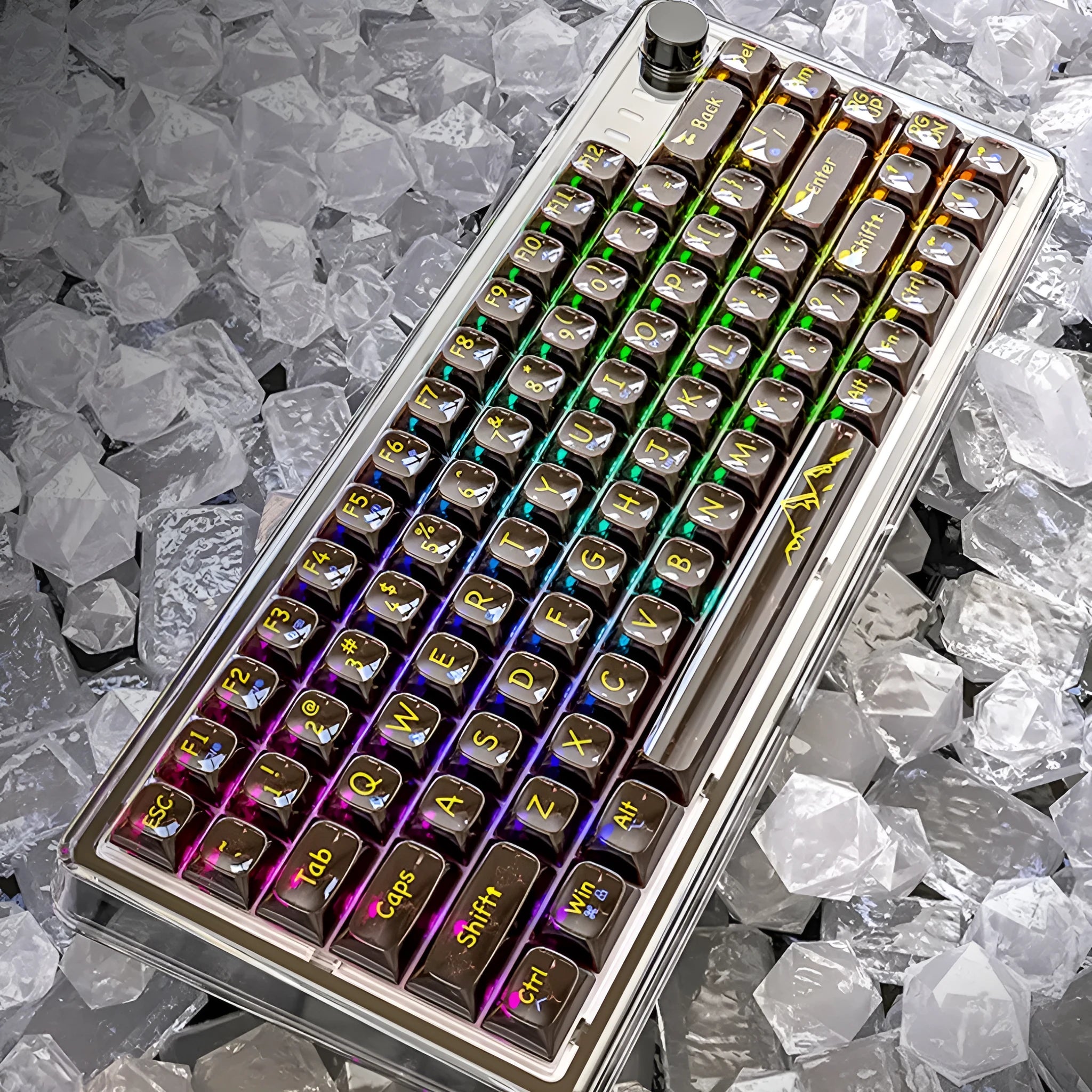 Attack Shark K75 RGB wireless mechanical keyboard with transparent black case showing RGB lighting and compact 75% layout