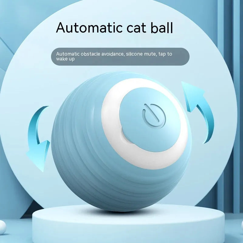 Blue and pink automatic self-moving silicone cat toy ball with charging cable.