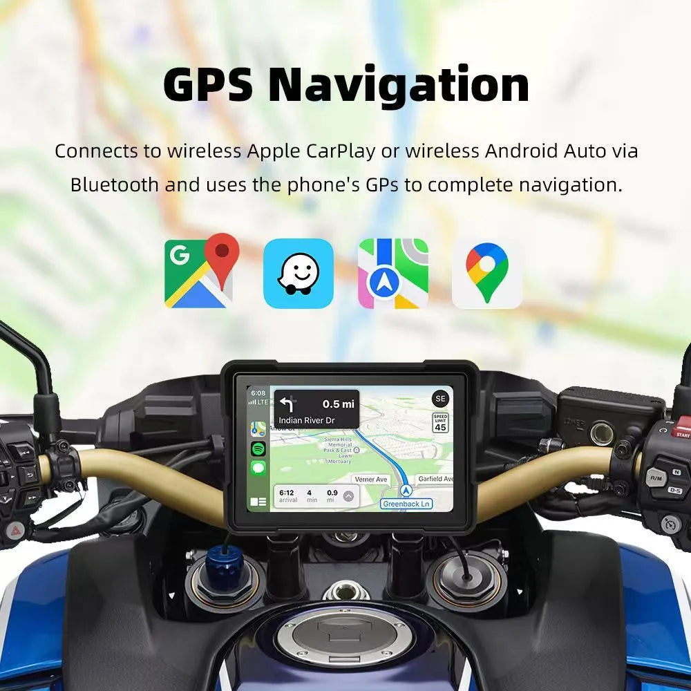 Portable motorcycle driving recorder with 5 inch separate navigation screen and dual lens option.