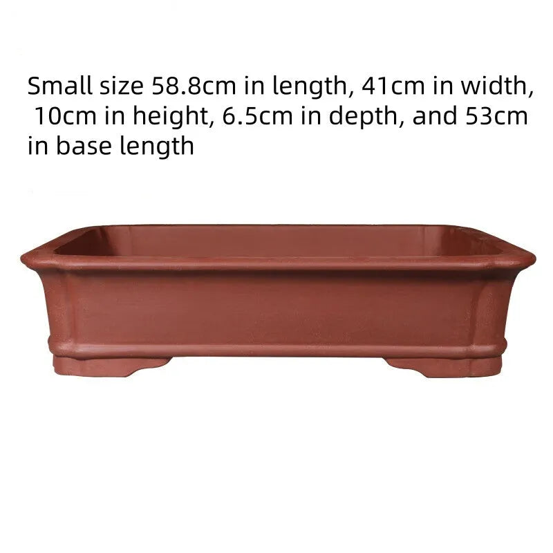 Large rectangular handmade purple clay bonsai pot showing its thick walls and three size options.